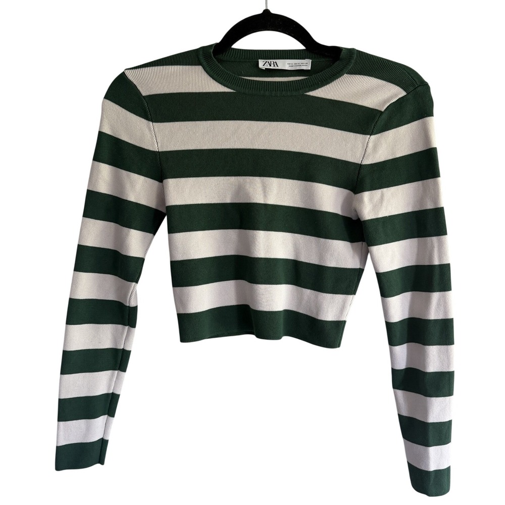 Zara  Women's Sz SMALL S Cropped 15.5" Sweater Pullover Green Cream Stripe 2951